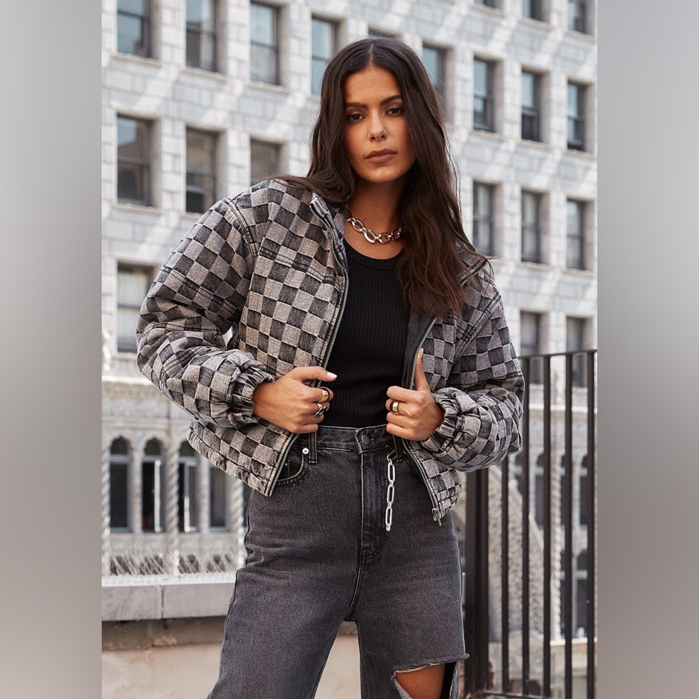 12th Tribe Cropped Denim Checked Puffer Jacket